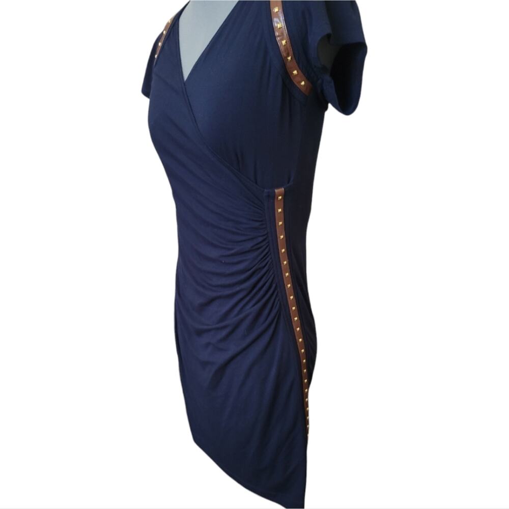 Carmen Marc Valvo Wrap Leather Studded Moto Style Dress Size Medium Navy Blue - Picture 4 of 7